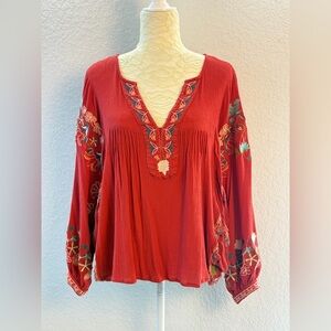Easel Embroidered Red Boho Peasant Top Dollman Sleeves Small Rust Oversized